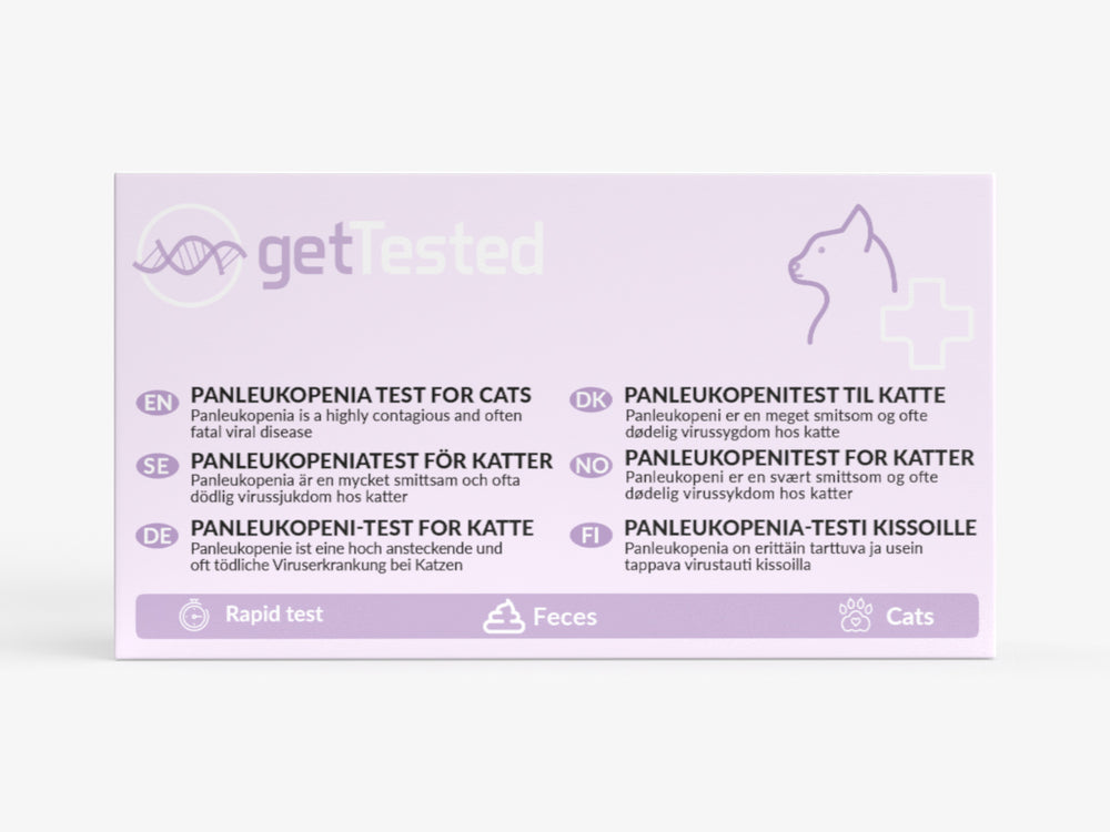 Panleukopeni-Test für Katzen, lila Verpackung mit Text und Katzensymbol.