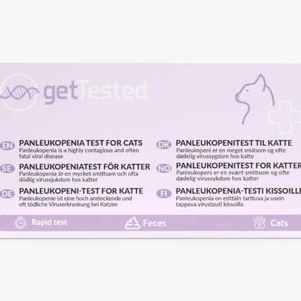 Panleukopeni-Test für Katzen, lila Verpackung mit Text und Katzensymbol.