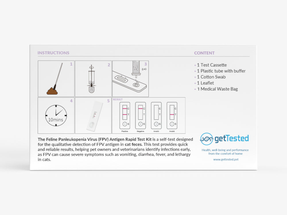 Schnelltest-Kit für Panleukopenie bei Katzen mit Testkassette und Anleitung.