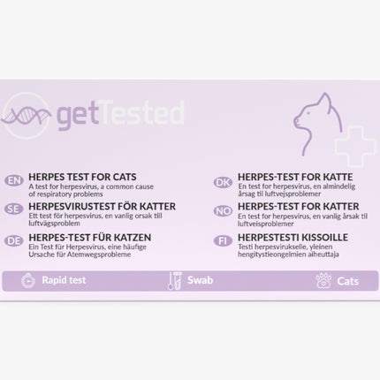 Herpes-Test für Katzen in lila Verpackung mit Katzen-Silhouette und mehrsprachigem Text.