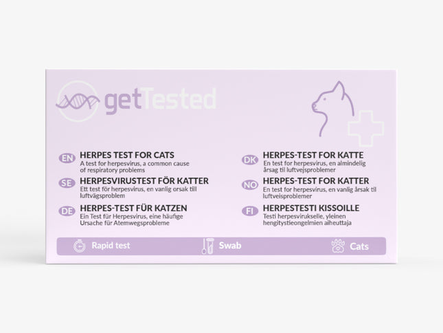 Herpes-Test für Katzen in lila Verpackung mit Katzen-Silhouette und mehrsprachigem Text.
