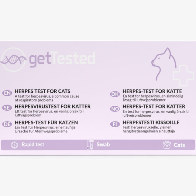 Herpes-Test für Katzen in lila Verpackung mit Katzen-Silhouette und mehrsprachigem Text.