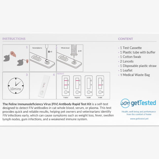 Immundefizienz-Testkit für Katzen mit Testkassette, Pipette und Gebrauchsanweisung.