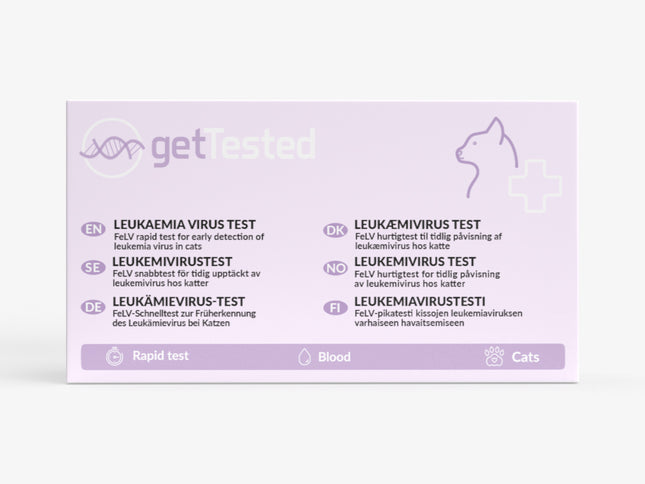 Leukämievirus-Test für Katzen mit einfacher Handhabung auf lila Hintergrund.