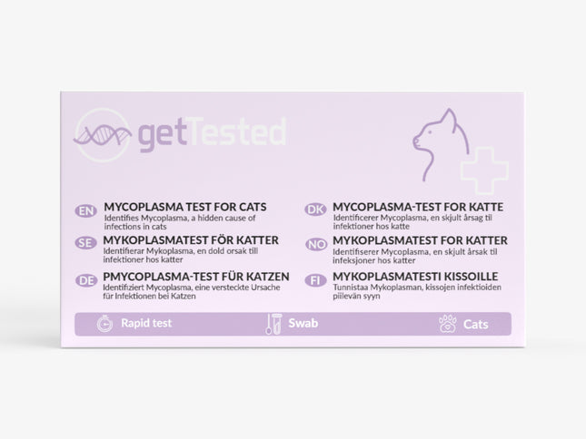Mycoplasma-Test für Katzen in lila Verpackung mit Katzenillustration und mehrsprachigem Text.