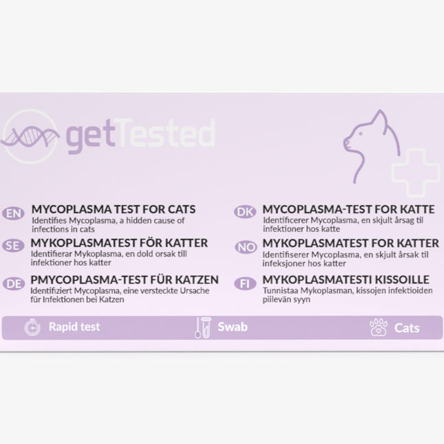Mycoplasma-Test für Katzen in lila Verpackung mit Katzenillustration und mehrsprachigem Text.