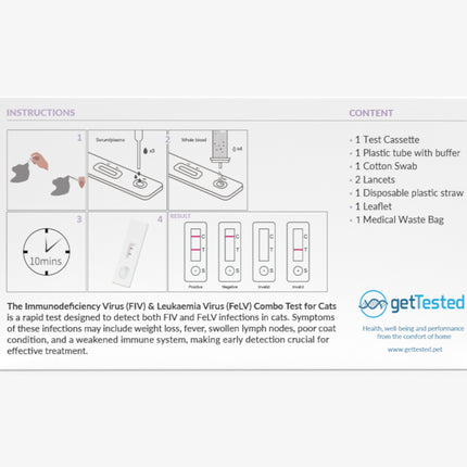 FIV & FeLV Kombitest für Katzen mit Gebrauchsanleitung und Testkassette auf weißem Hintergrund.