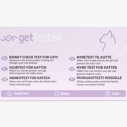 Nierentest-Kit für Katzen mit Teststreifen und Anleitung auf helllila Hintergrund.