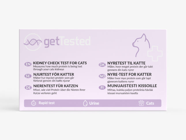 Nierentest-Kit für Katzen mit Teststreifen und Anleitung auf helllila Hintergrund.