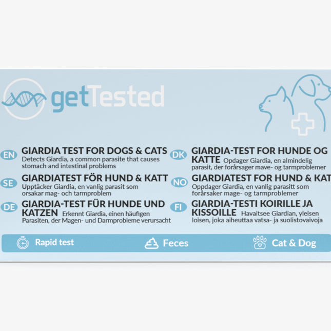 Giardia-Test-Kit für Hunde und Katzen mit blauer Verpackung und mehrsprachiger Beschreibung.