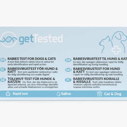 Blauer Tollwut-Schnelltest-Kit für Hunde und Katzen mit Anleitung auf Deutsch und Englisch.