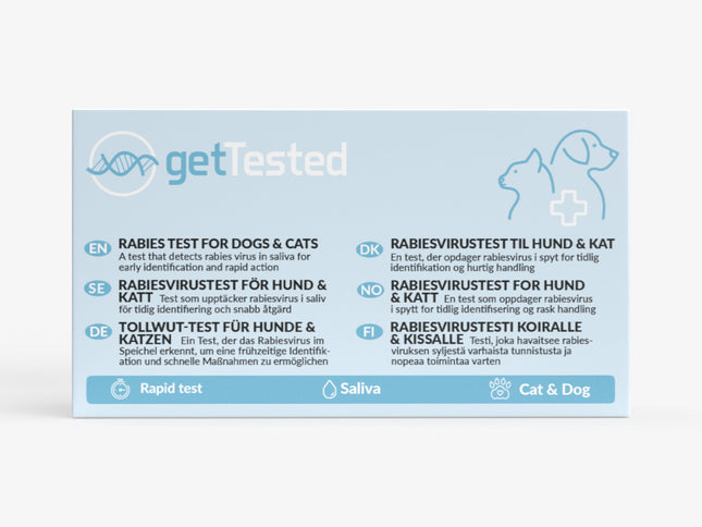 Blauer Tollwut-Schnelltest-Kit für Hunde und Katzen mit Anleitung auf Deutsch und Englisch.