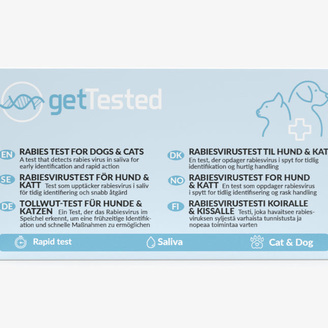 Blauer Tollwut-Schnelltest-Kit für Hunde und Katzen mit Anleitung auf Deutsch und Englisch.