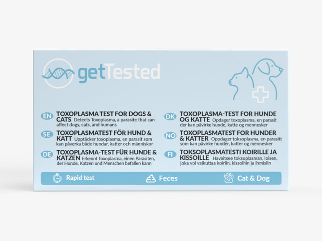 Toxoplasma-Testkit für Hunde und Katzen mit blauer Verpackung und Icons für Katze und Hund.
