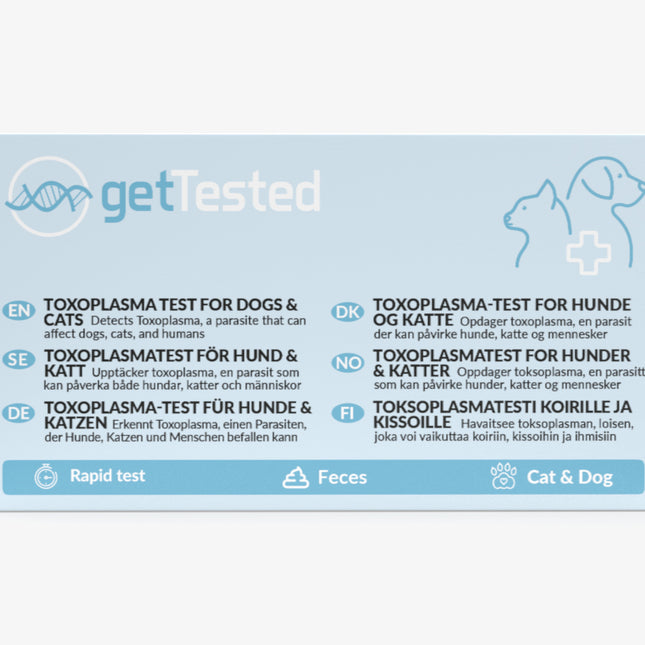 Toxoplasma-Testkit für Hunde und Katzen mit blauer Verpackung und Icons für Katze und Hund.