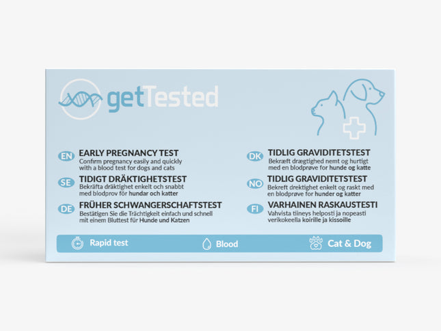 Blauer Schwangerschaftstest für Hunde und Katzen mit erklärendem Text und Symbolen.