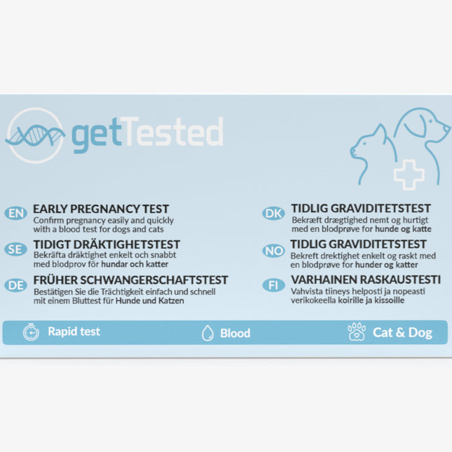 Blauer Schwangerschaftstest für Hunde und Katzen mit erklärendem Text und Symbolen.