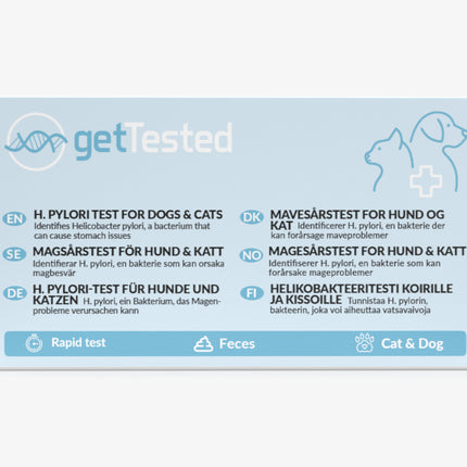 Blau-weiße Packung H. pylori-Test für Hunde und Katzen mit Icons und mehrsprachigem Text.