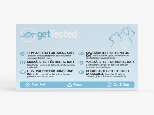 Blau-weiße Packung H. pylori-Test für Hunde und Katzen mit Icons und mehrsprachigem Text.