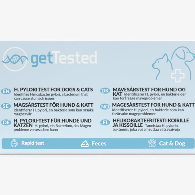 Blau-weiße Packung H. pylori-Test für Hunde und Katzen mit Icons und mehrsprachigem Text.