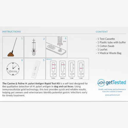 H. pylori-Testset mit Testkassette, Tropfer, Wattestäbchen und Entsorgungsbeutel für Hunde und Katzen.