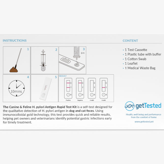 H. pylori-Testset mit Testkassette, Tropfer, Wattestäbchen und Entsorgungsbeutel für Hunde und Katzen.
