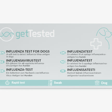 Weißer Influenza-Test für Hunde mit blauem und türkisem Text auf Verpackung.