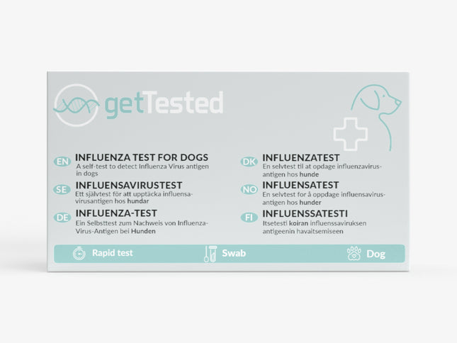 Weißer Influenza-Test für Hunde mit blauem und türkisem Text auf Verpackung.
