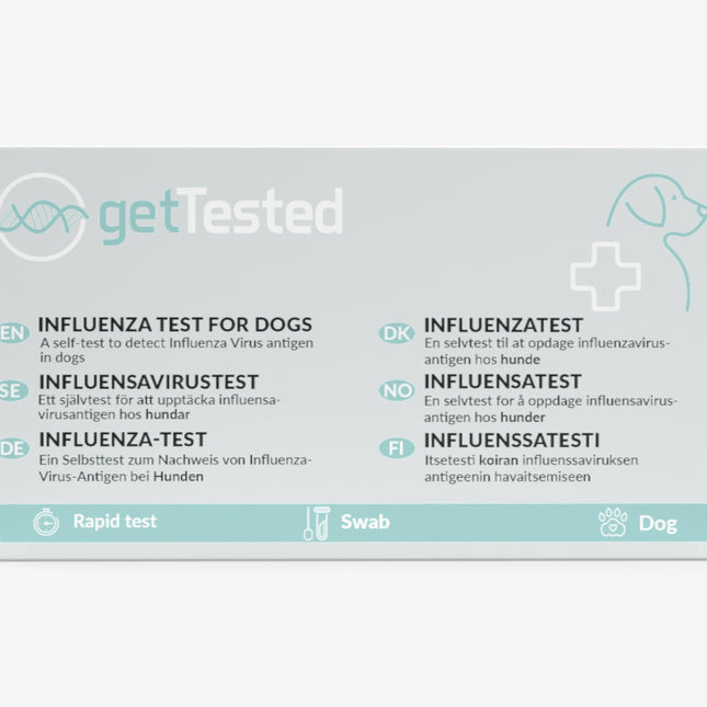 Weißer Influenza-Test für Hunde mit blauem und türkisem Text auf Verpackung.