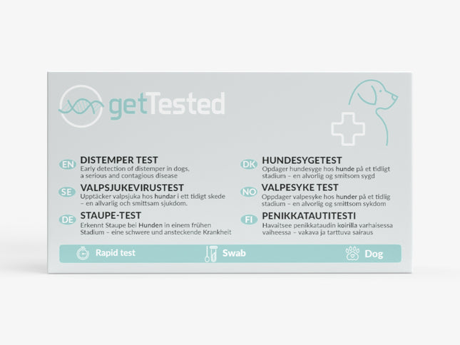 Staupe-Test für Hunde mit blau-weißem Verpackungsdesign und Hundesilhouette in Skizzenstil.