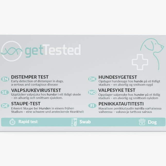 Staupe-Test für Hunde mit blau-weißem Verpackungsdesign und Hundesilhouette in Skizzenstil.