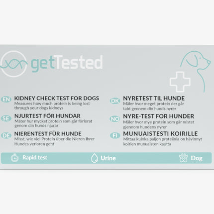 Nierentest-Kit für Hunde mit mehrsprachiger Anleitung auf weißem Hintergrund.