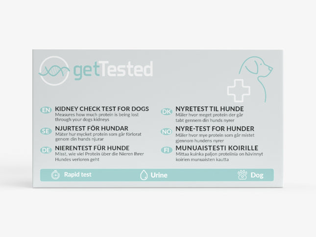 Nierentest-Kit für Hunde mit mehrsprachiger Anleitung auf weißem Hintergrund.