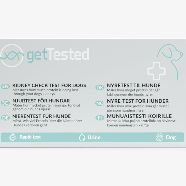 Nierentest-Kit für Hunde mit mehrsprachiger Anleitung auf weißem Hintergrund.