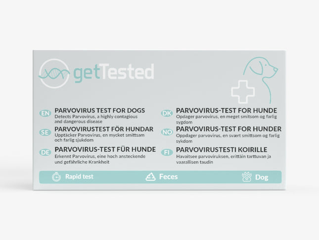 Parvovirus-Test für Hunde mit mehrsprachiger Verpackung in Weiß und Blau.