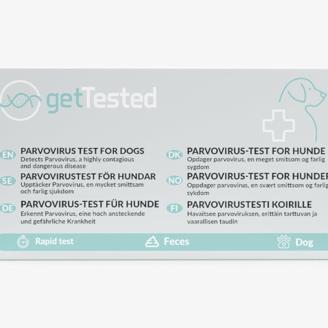 Parvovirus-Test für Hunde mit mehrsprachiger Verpackung in Weiß und Blau.