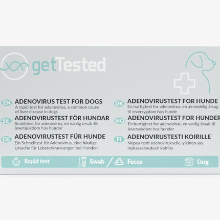 Adenovirustest für Hunde mit mehrsprachiger Anleitung und Markenlogo auf weißem Hintergrund.