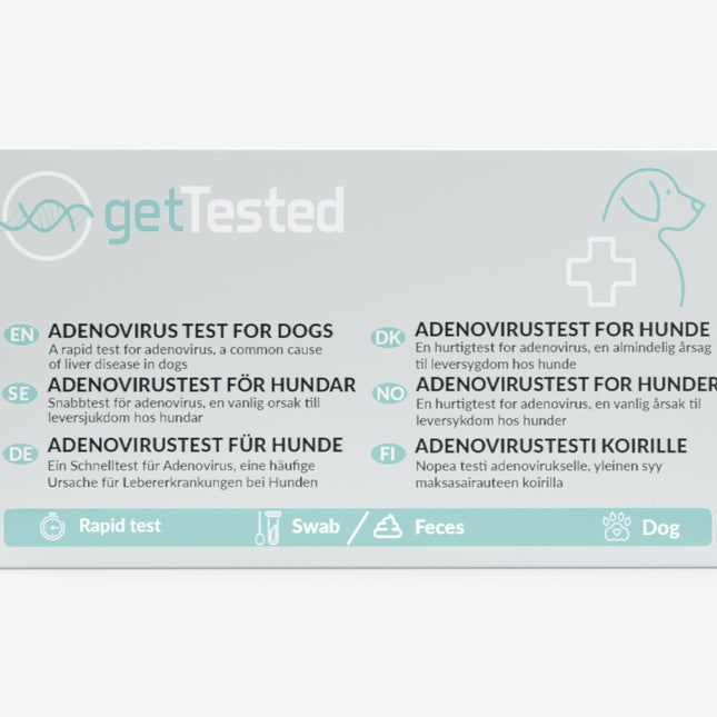 Adenovirustest für Hunde mit mehrsprachiger Anleitung und Markenlogo auf weißem Hintergrund.