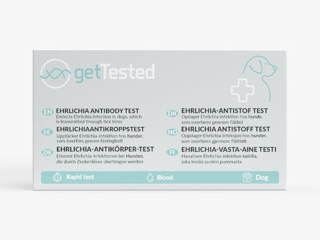 Ehrlichia-Antikörper-Test für Hunde in weißer Verpackung mit blauen Akzenten und mehrsprachiger Beschriftung.