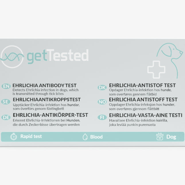 Ehrlichia-Antikörper-Test für Hunde in weißer Verpackung mit blauen Akzenten und mehrsprachiger Beschriftung.