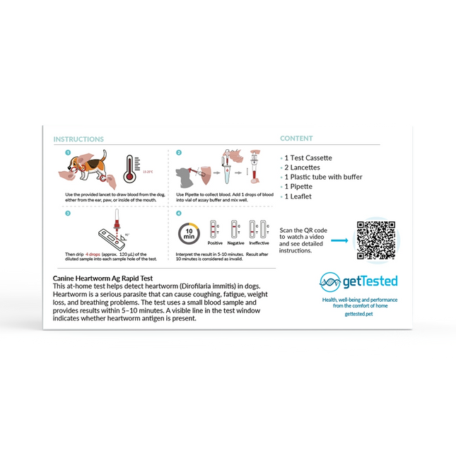 Weißer Herzwurm-Test für Hunde mit illustrierten Anwendungsschritten und QR-Code auf der Verpackung.