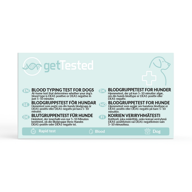 Türkis-weißer GetTested-Blutgruppentest für Hunde mit mehrsprachiger Verpackung und Hundesymbol.