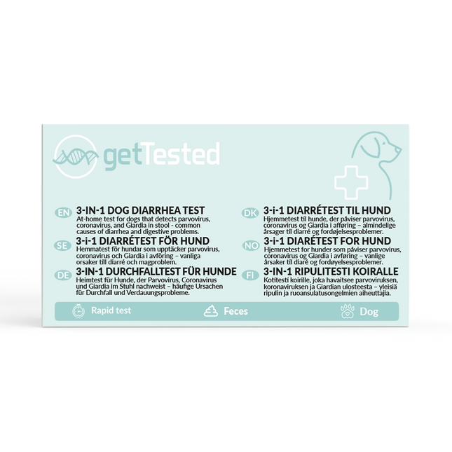 Türkiser GetTested-Hundekot-Testkarton für CPV, CCV und Giardia mit mehrsprachiger Beschriftung.
