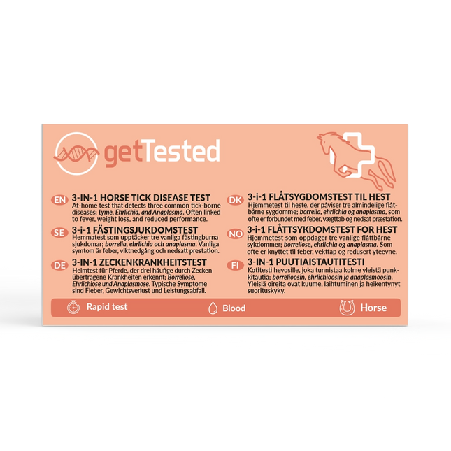 Orangeroter 3-in-1-Pferde-Zeckentest von getTested mit Anleitung und Symbolen für Schnelltest, Blut und Pferd.