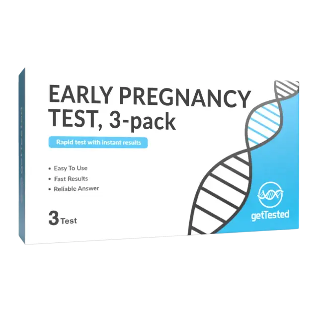 Weiß-blaue Packung mit drei Frühtests für Schwangerschaft, DNA-Doppelhelix und „Early Pregnancy Test“-Aufdruck.