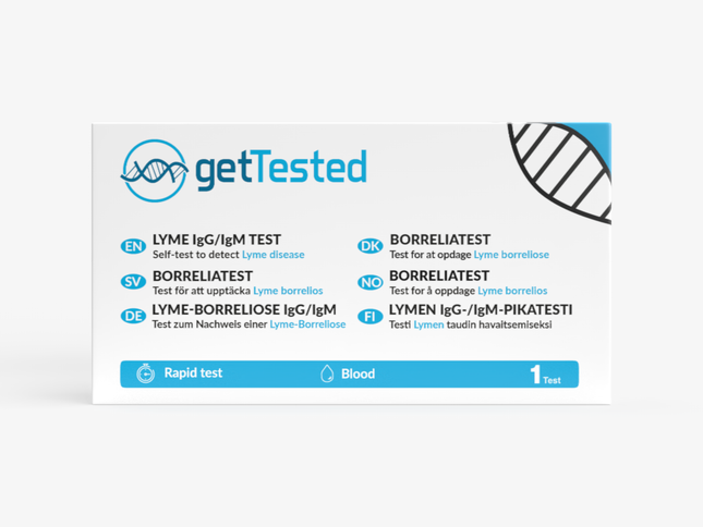 Borreliose-Selbsttestpackung mit Logos und blauer Beschreibung für IgG/IgM Bluttest gegen Lyme-Borreliose.