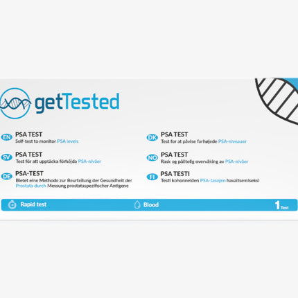 GetTested PSA-Bluttest-Kit mit Anleitung und Zubehör in weiß-blauer Verpackung.