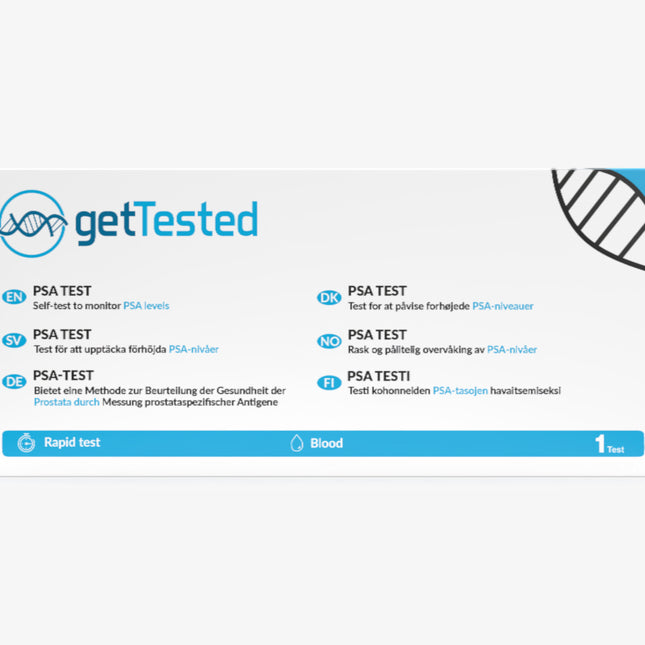 GetTested PSA-Bluttest-Kit mit Anleitung und Zubehör in weiß-blauer Verpackung.