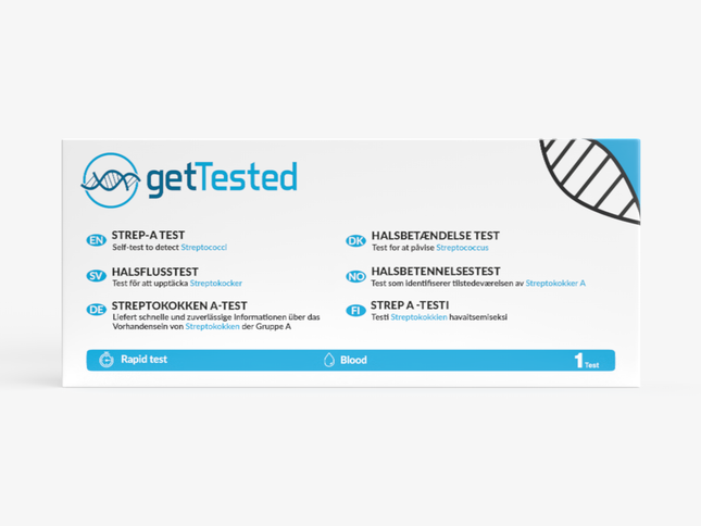 Streptokokken-A-Test Verpackung mit blauem und weißem Design, Schnelltest für Halsinfektionen.