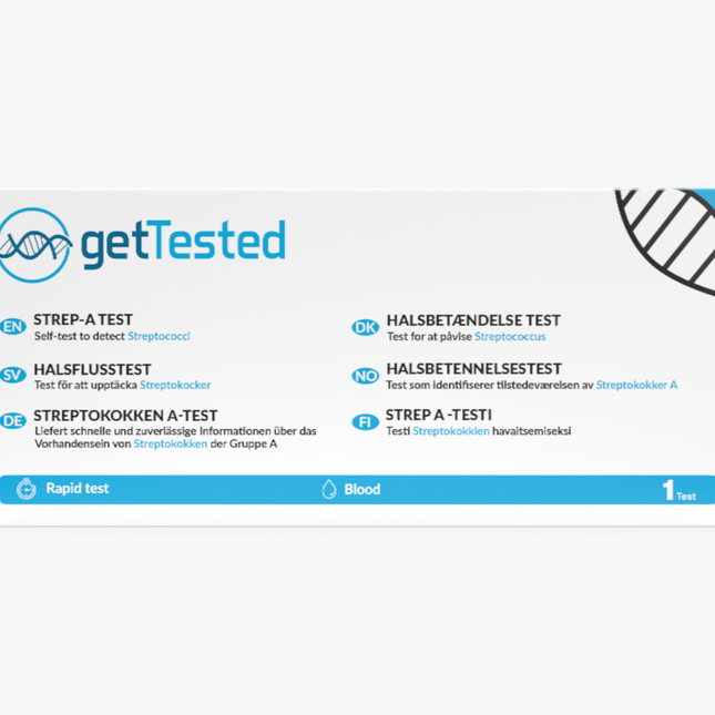 Streptokokken-A-Test Verpackung mit blauem und weißem Design, Schnelltest für Halsinfektionen.